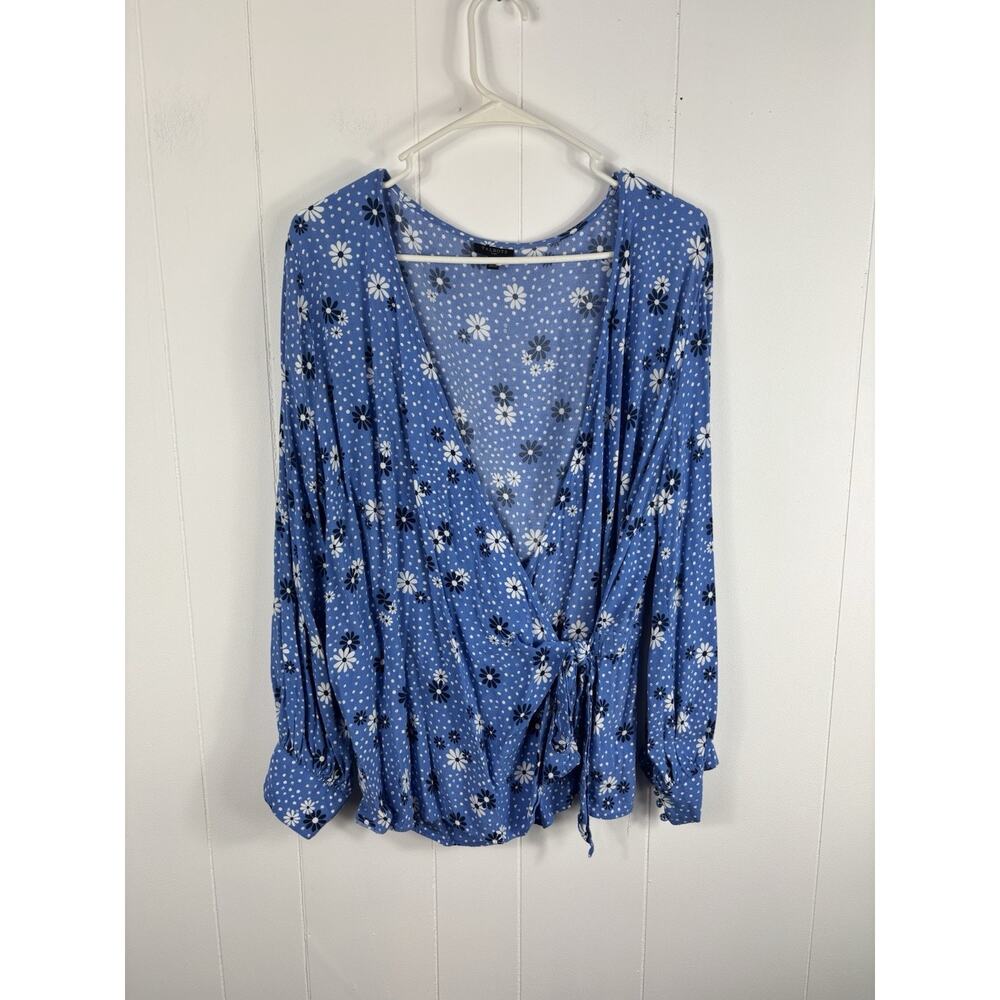 Talbots Womens Top 1XL Blue Floral Long Sleeve V Neck Wrap Blouse Shirt Groovy